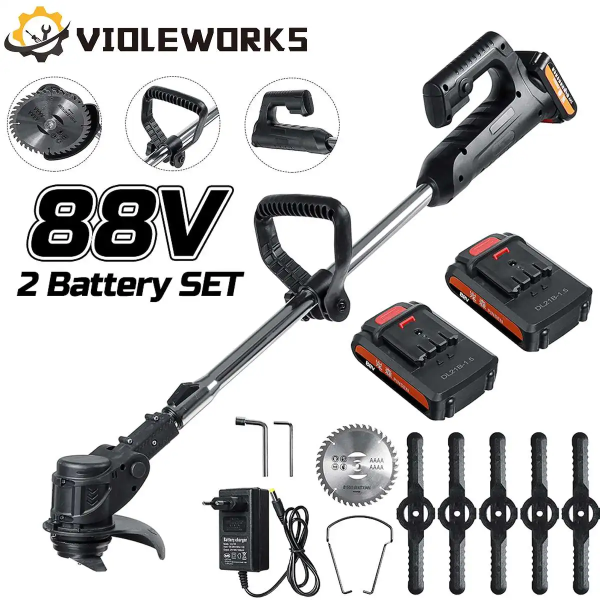 Violeworks 1000w Cortadora de Grama sem Fio Cortador de Grama Cortador de Escova de Borda de Grama Pcs Bateria Plugue ue