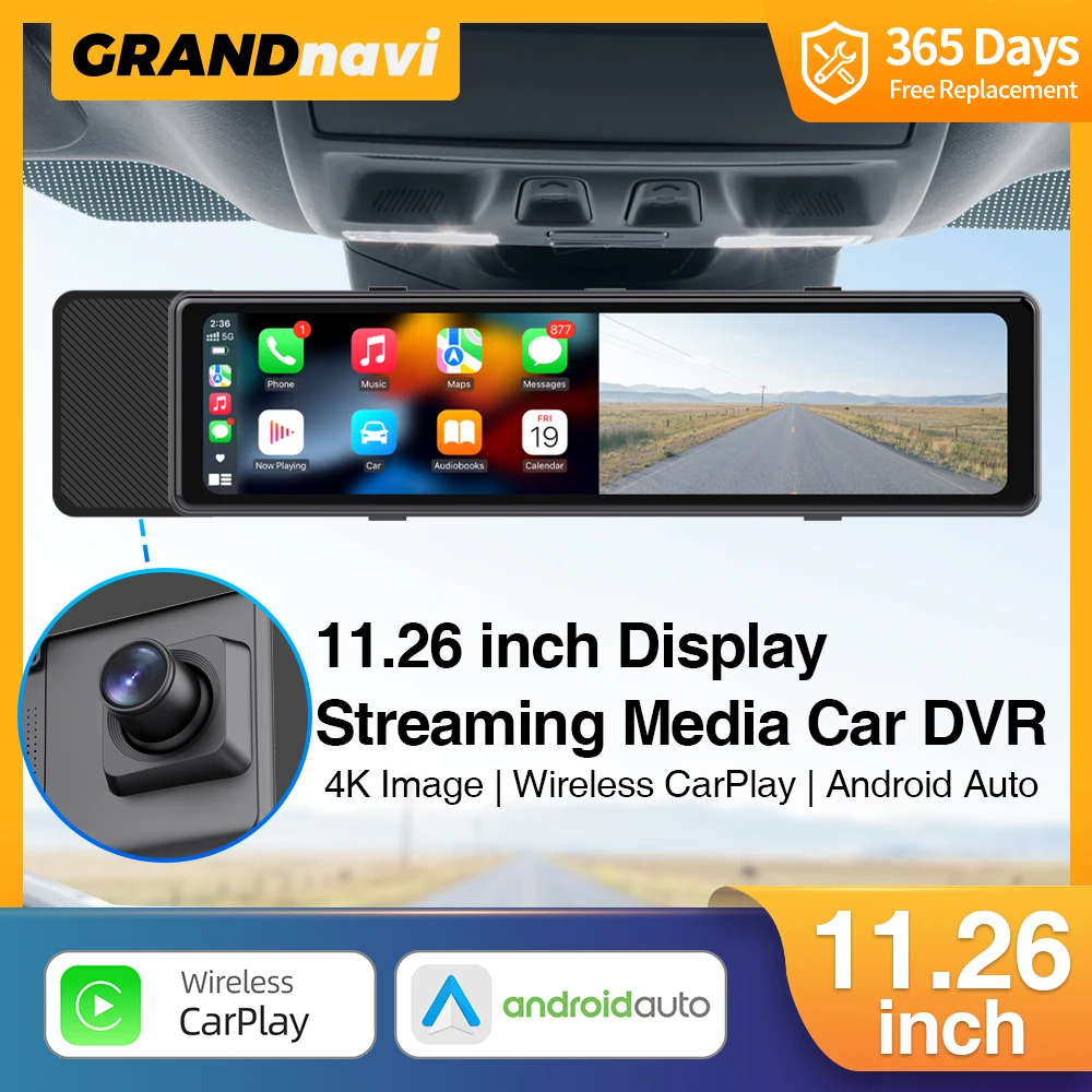 

Grandnavi 2 Cameras Car Dash Cam Carplay Android Auto Rear view Mirror Video Recording Car DVR 1080P Navigation Voice Control