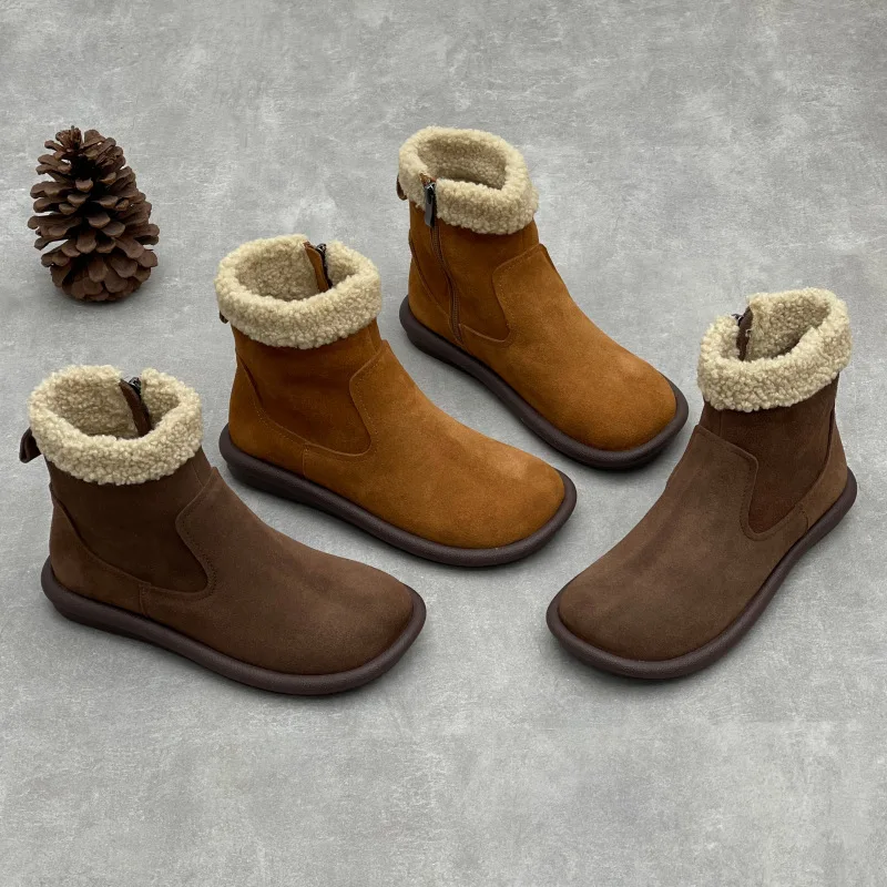 

GKTINOO Genuine Leather Plush Warm Cotton Boots Winter 2025 New Casual Thick Soled Round Toe Flat Women's Short Boots