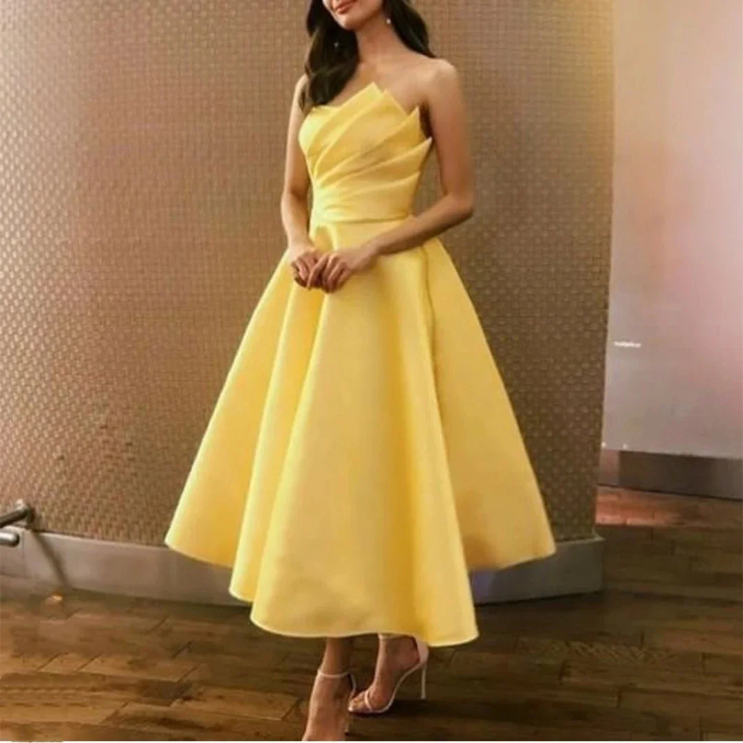 Vintage Yellow Short Strapless Prom Dresses  Vestidos De Festa A-Line Tea Length Pleated Satin Formal Evening Party Gowns