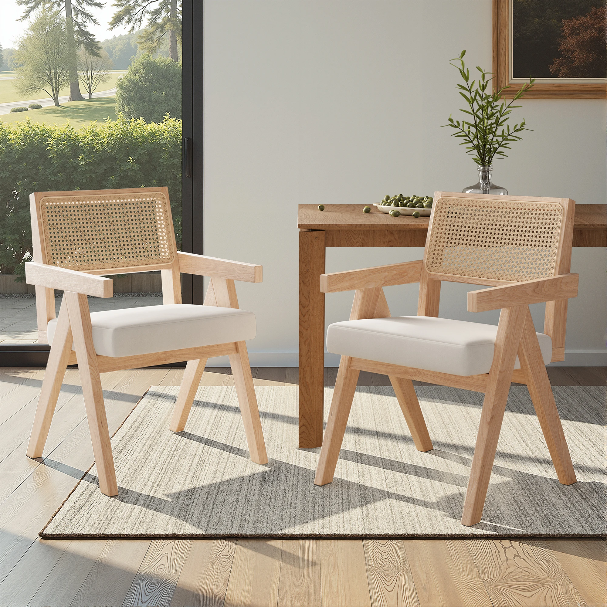 Set of 2 Mid-Century Rattan Dining Chair, Solid Ash Wood Frame, Woven Rattan Back, High-Resilience Foam, Non-Slip Pads