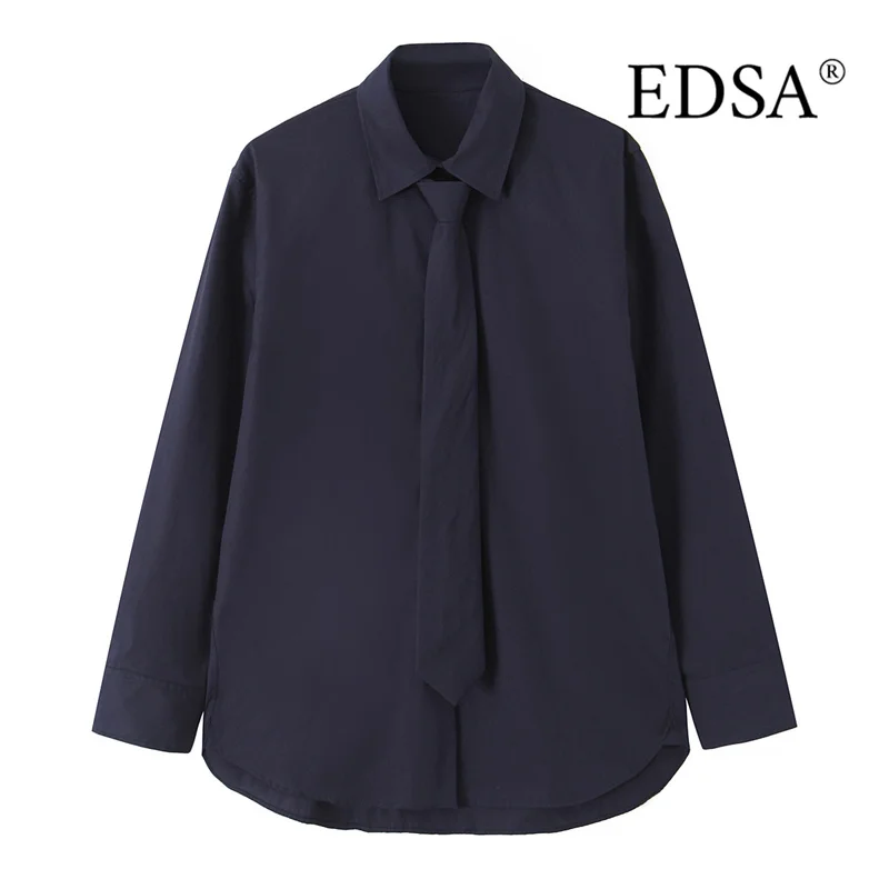 EDSA chemise à col pour femmes avec cravate manches longues ourlet arrondi pour bureau dame hauts à simple boutonnage