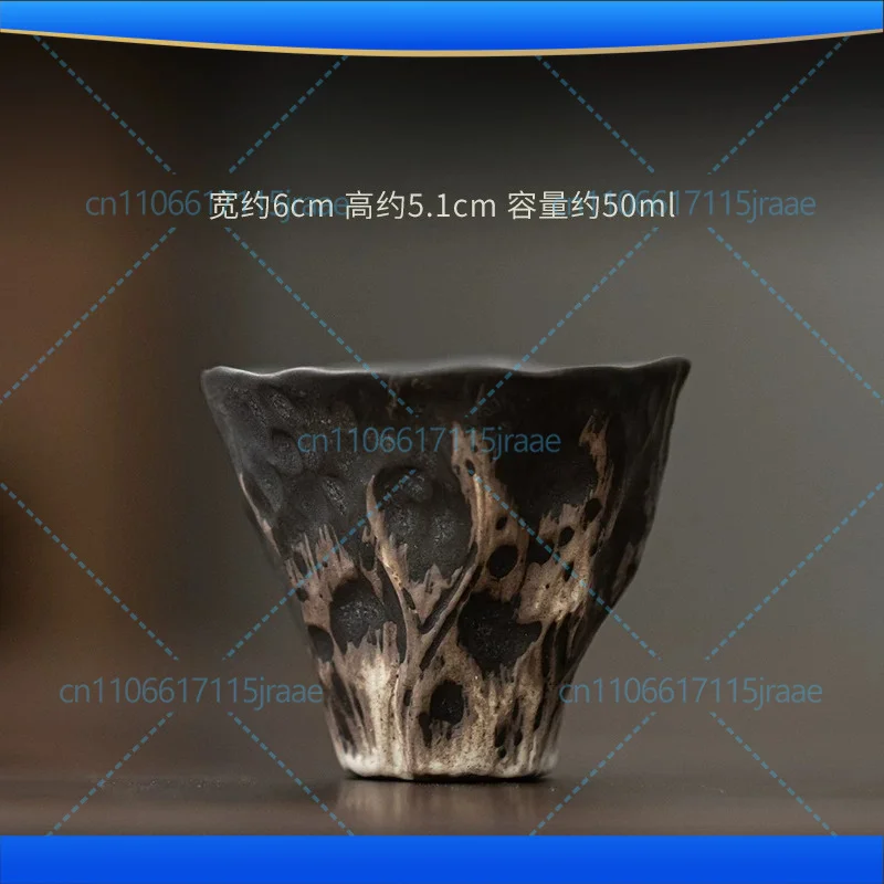 Wabi‑Sabi Still Life Black Pottery Handmade Slip‑Traced Teacup Retro Chinese Zen Style Small Single Tasting Tea Cup