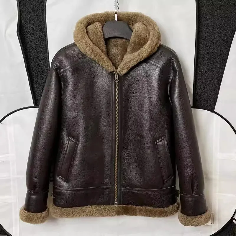 Shop Best.Winter warm thick fur coat.100% natural sheepskin wool jacket.Brown Plus size real shearling cloth.quality hoodies