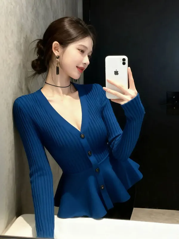 

Трикотаж Ele с v-образным вырезом и кружевной отделкой, облегающий зимний дизайн, французский длинный топ-све для женщин и девочек, повседневный уличный топ