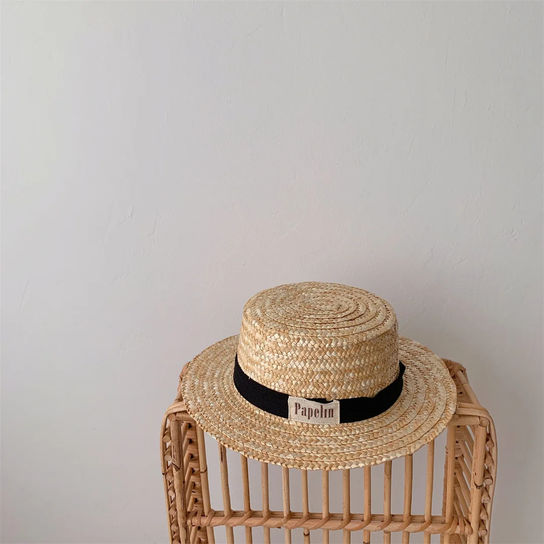 Sombrero de paja con protección solar para niño y niña, gorro de pescador con estampado de letras, sencillo, transpirable, para playa