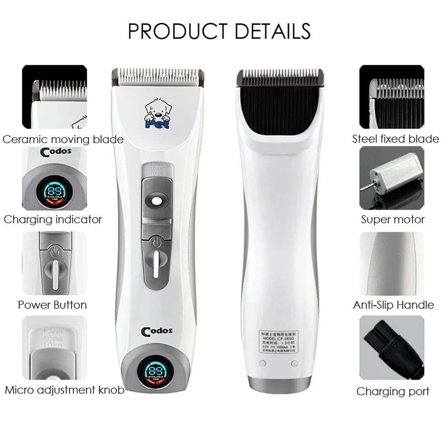 Codos 9600 Professional Pet Hair Trimmer Electrical Animals Dog Grooming Clipper Rechargeable Cat Haircut Machine LCD Display