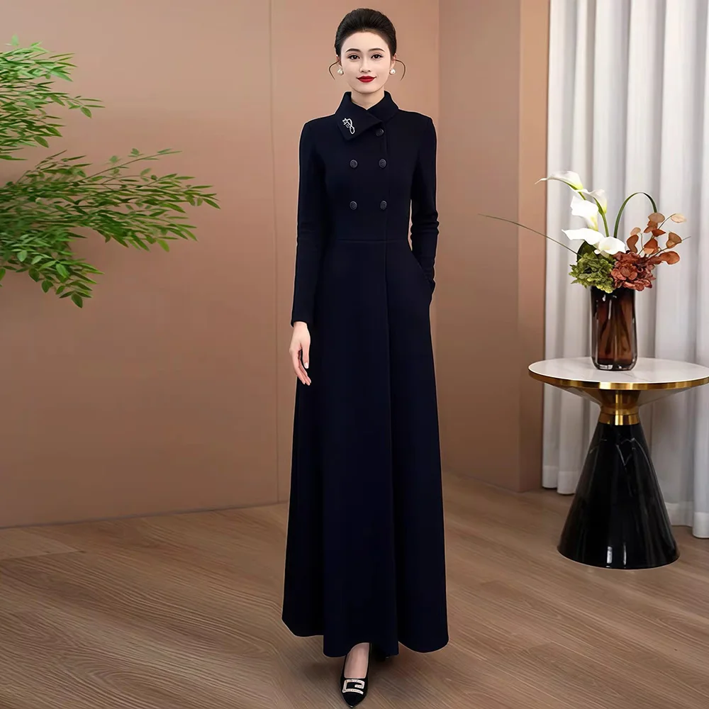 

New Women Autumn Winter Elegant Dress Fashion Stand Collar Slim Waist Long Sleeve Dress Gentlewomen High Waist Long Dress