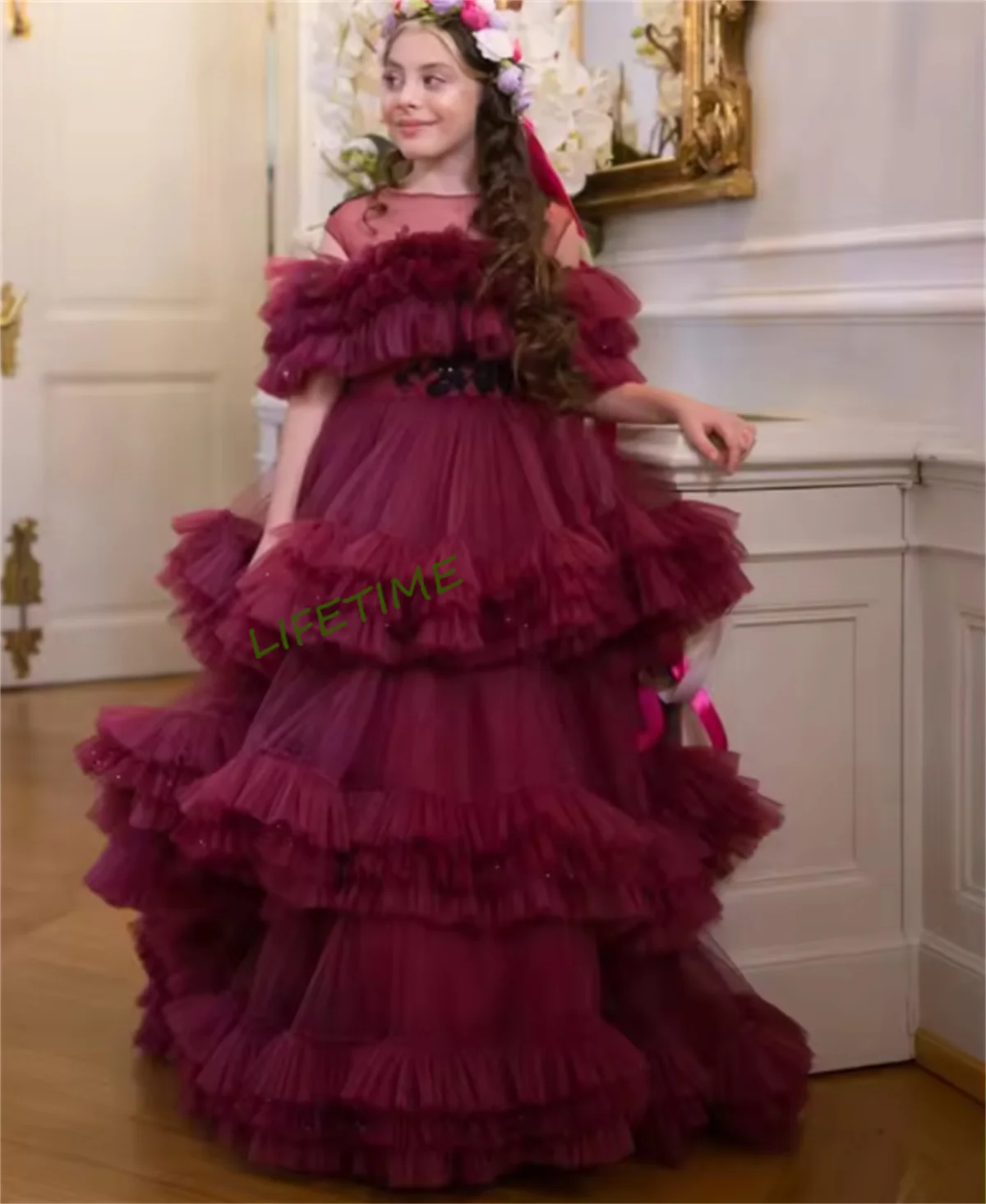 

CustomizedBurgundy Tulle Girls Dresses Sheer Neck Tiered Tulle Fluffy Pageant Gown Birthday Dress Wedding Guest Special Occasion