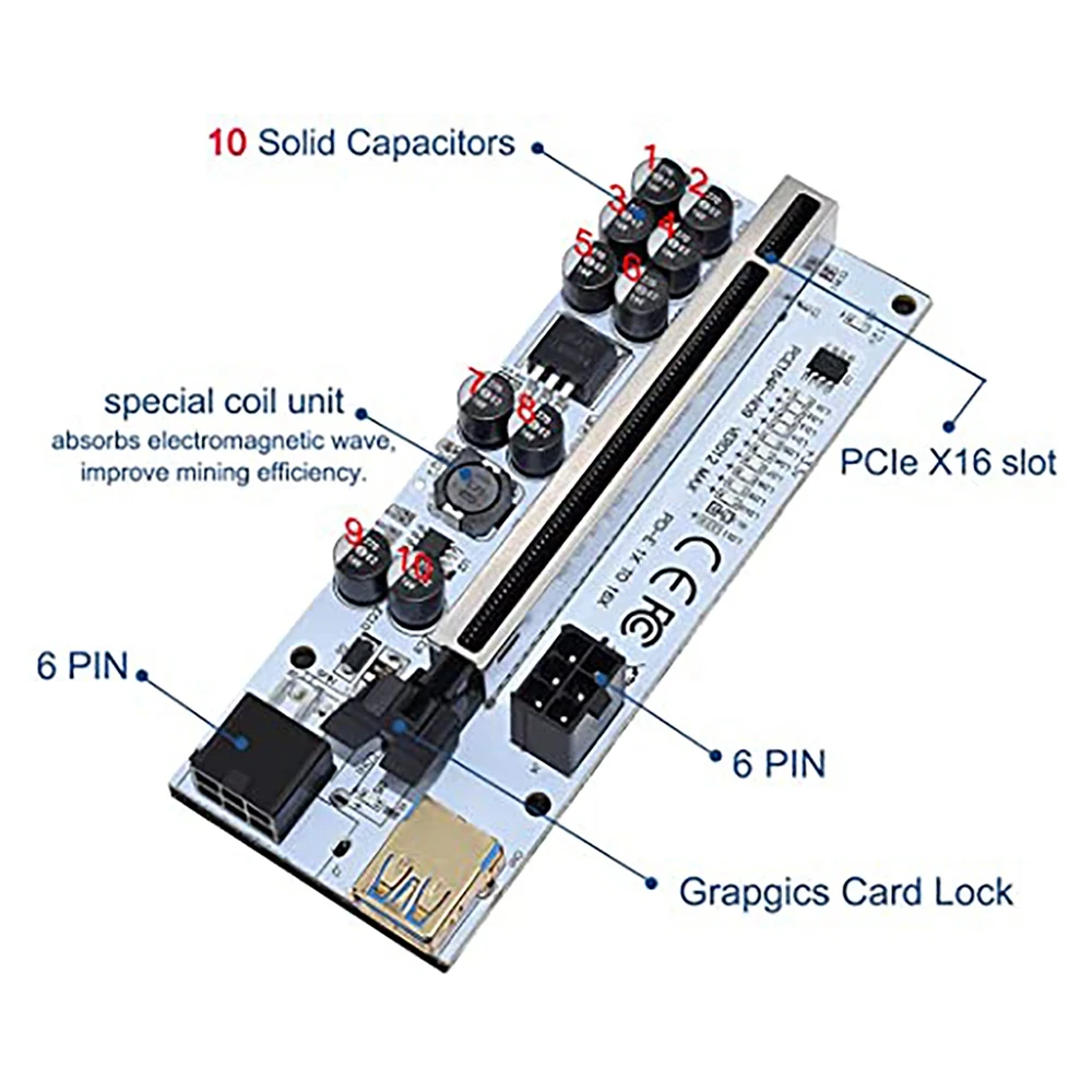 8 Pcs VER012 MAX PCI-E Riser Card PCI-E 1X to 16X Graphics Riser Card with 10 Solid Capacitors/LED Light for BTC Mining