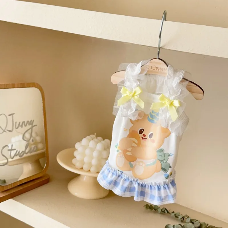 

Ins Pet Lace Plaid Clothes Cool Clothes Summer Cool Breathable Dog Tank Top Cute Bear Printed Bear Ice Silk Cat and Dog Vest