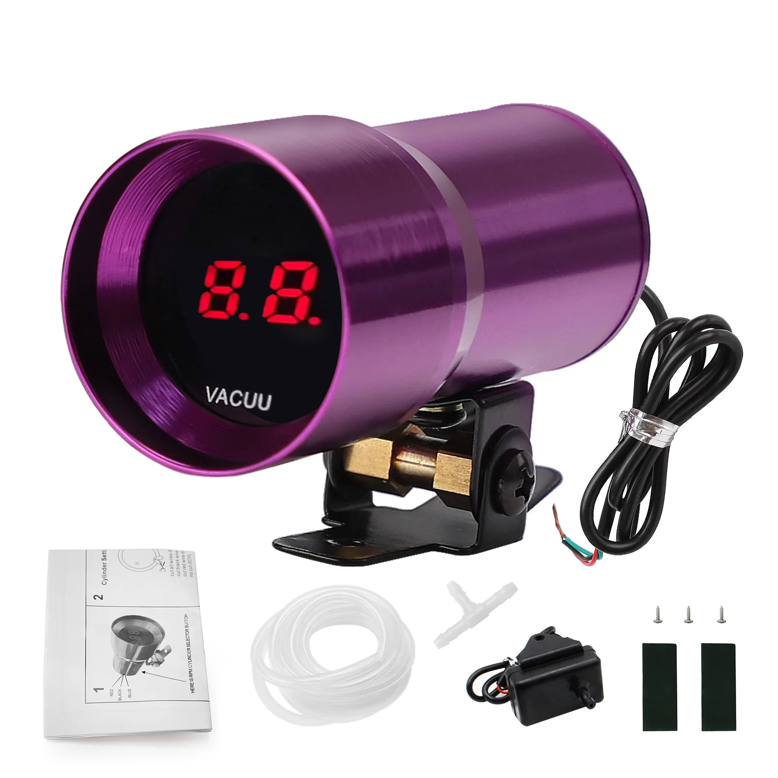 37mm 12V Universal Modification Auto Micro Vacuum Red LED Mini Digital Boost Meter Bar Purple Shell Nstrument  EP-DGT8107