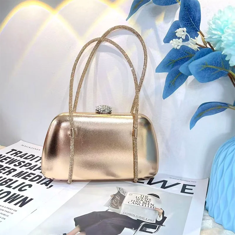 2026 New Fashion Glossy Evening Bag Metallic Gold Clutch Bag Pure Color PU Rhinestone Handle Wedding Party Handbag Minaudiere