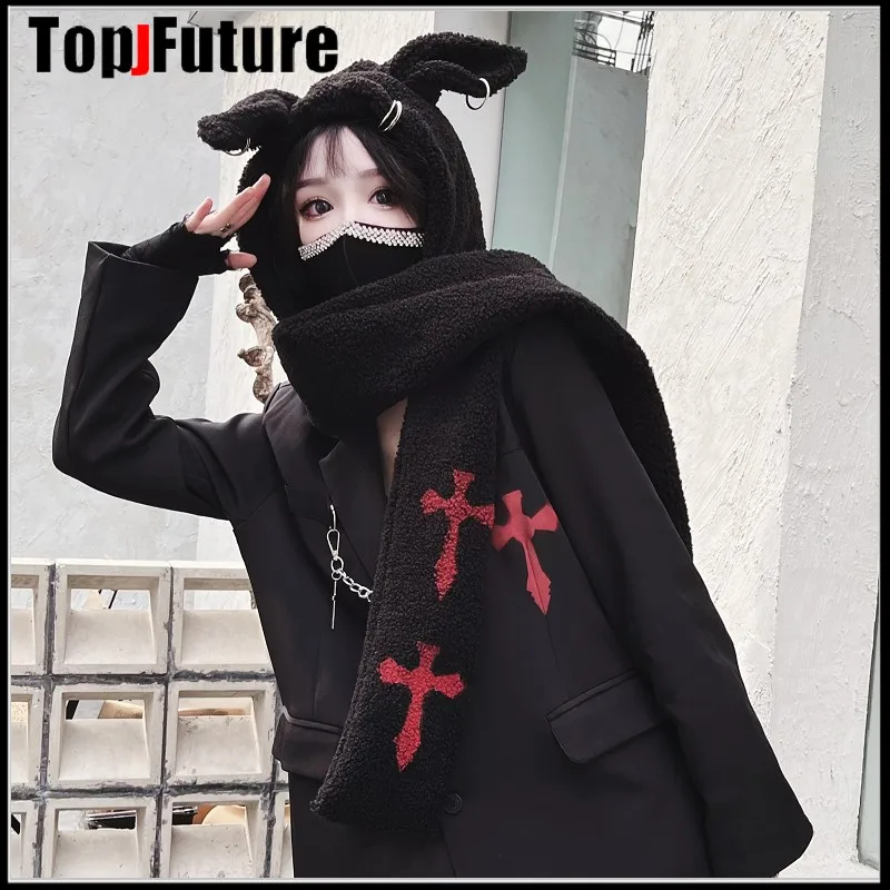 Japanese Harajuku Y2K Girls Long Rabbit Ear Hat Gothic Black Cross Chain Lambswool Winter Warm Hooded Scarf Caps Streetwear Hats