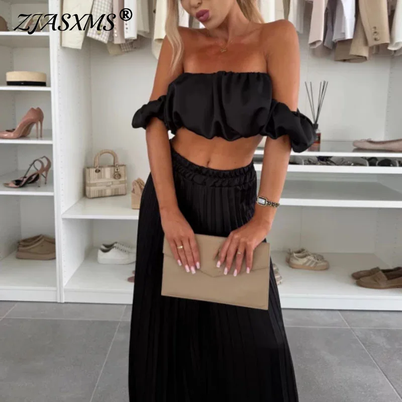 

Одинаковые комплекты для поездок на работу, женские весенние открытые топы без бретелек и широкие брючные костюмы, летние однотонные атласные плиссированные наряды из двух предметов