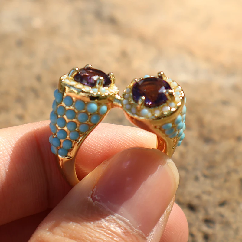 Jianjie Elegang Women\'s Amethyst Zircon Inlay Two Tone Classic Imitation Corn Shaped Ring Gold Color Luxury Ring Accessories