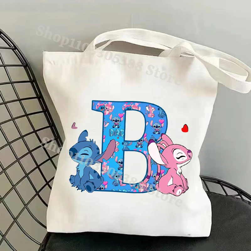 Disney Stitch Cartoon 26-Buchstaben-Handtasche, faltbar, wiederverwendbar, Shopper, Tasche im Harajuku-Stil, Studenten-Einkaufstasche, Einkaufstasche aus Segeltuch