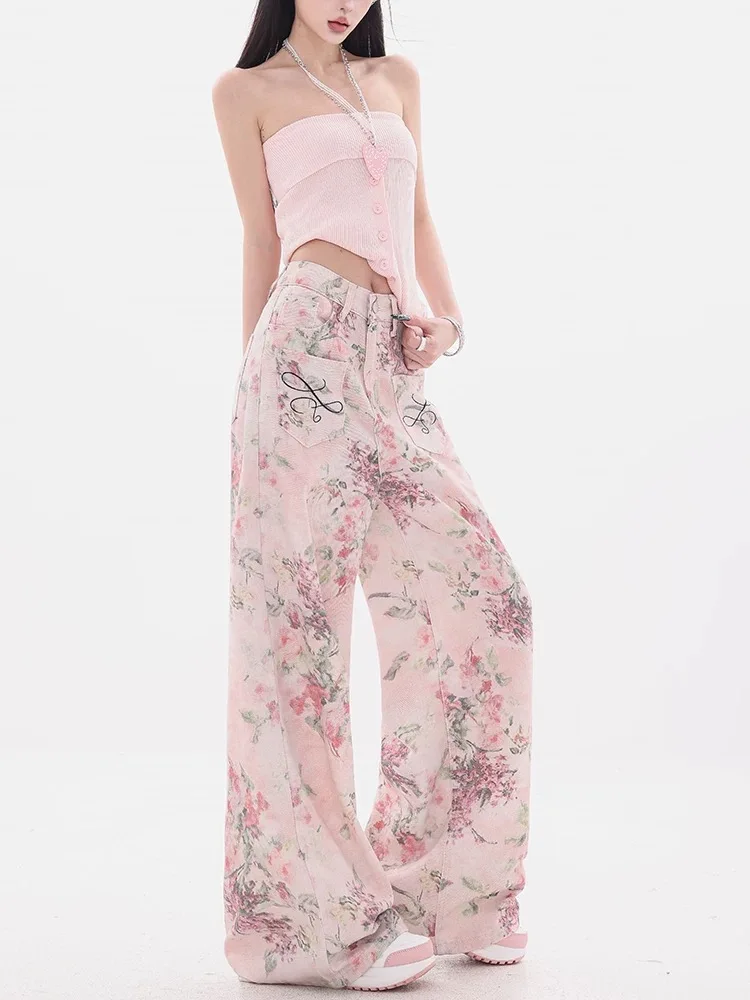 الربيع الصيف عادية واسعة الساق من الأرض إلى السقف السراويل الأمريكية الرجعية المطبوعة زهرة نمط المطرزة الجينز تنوعا السراويل