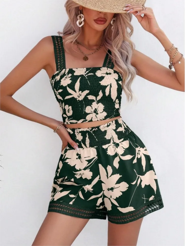 Lace Edge Patchwork Camisole Shorts Two-piece Set Summer Women Printed Fashionable Casual Off Shoulder Slim Fit Vest Shorts Set