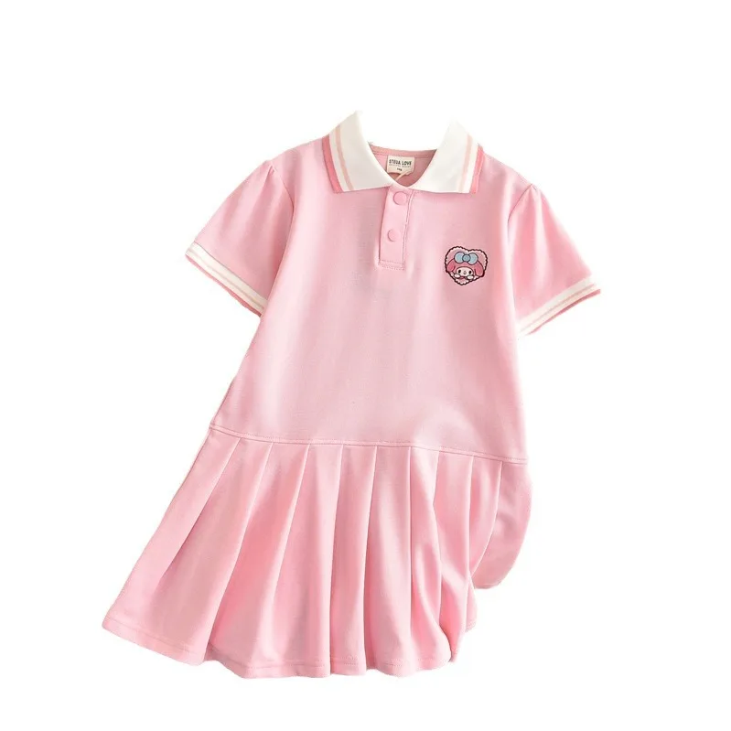 Sanrios My Melody-Robe d'été pour filles, jupe plissée JK pour enfants, jupe à manches courtes, vêtements fins pour enfants, mignon, Preppy, Cinnamoroll Kuromi