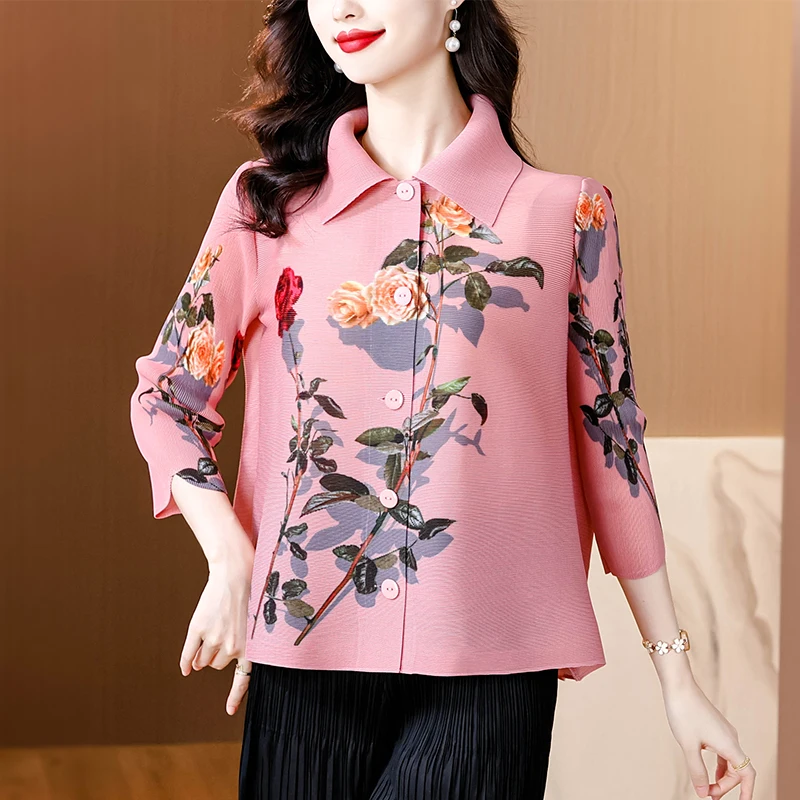 

Summer Pleated Loose Shirt Women Turn Down Collar Single Breasted Floral Print Casual Blouse Vintage Female Tops 2024 Fashion