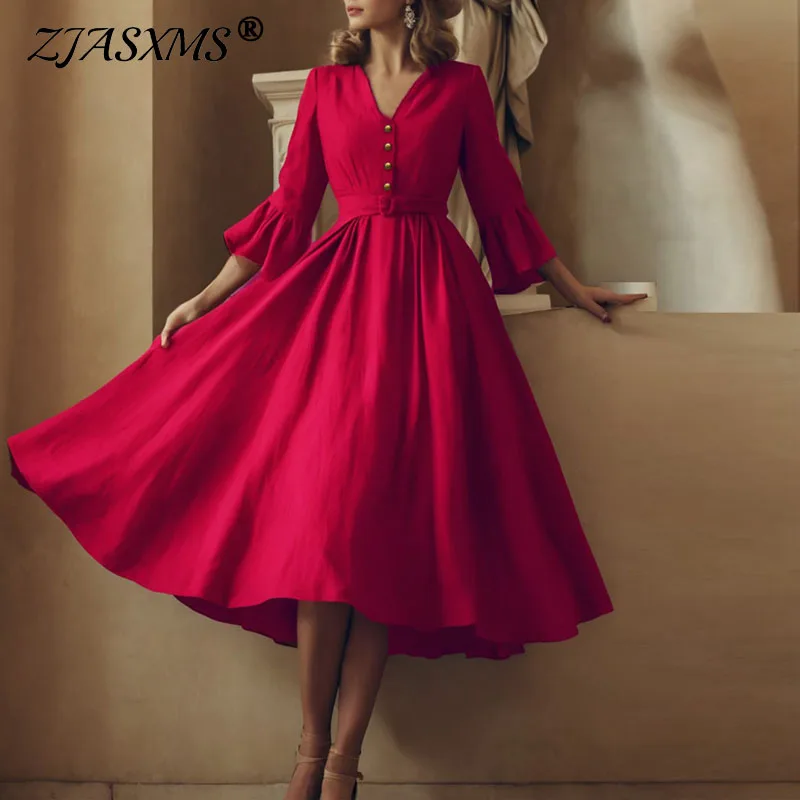 

Весеннее ретро-платье макси с V-образным вырезом, завышенной талией, А-силуэта, для вечеринок, летнее, новое, с расклешенными рукавами, свободное, для отпуска