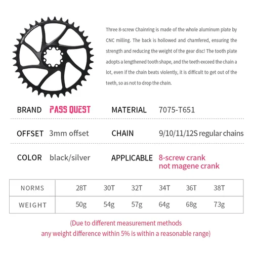 Imagen 2 del producto Plato de montaje directo Aero para Force Sram, 8 pernos, plato ancho estrecho, 32t, 28t, 30t, 34t, 36t, corona, 38 dientes, compensación de 3mm