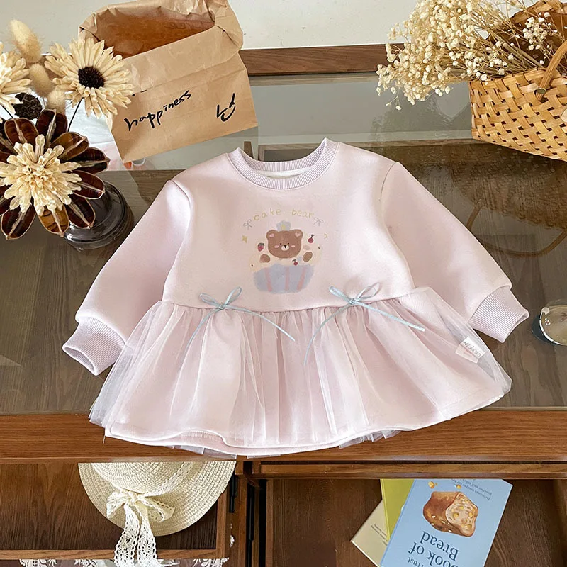Spot GoodsQY259740Girls' Sweater2025خريف جديد رقبة مستديرة كارتونية شبكية مرقعة مبطنة بالصوف