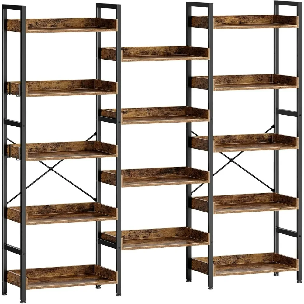 Bookshelf, Triple Bookcase with Open Display Shelves, Industrial Wide Bookshelf with Metal Frame