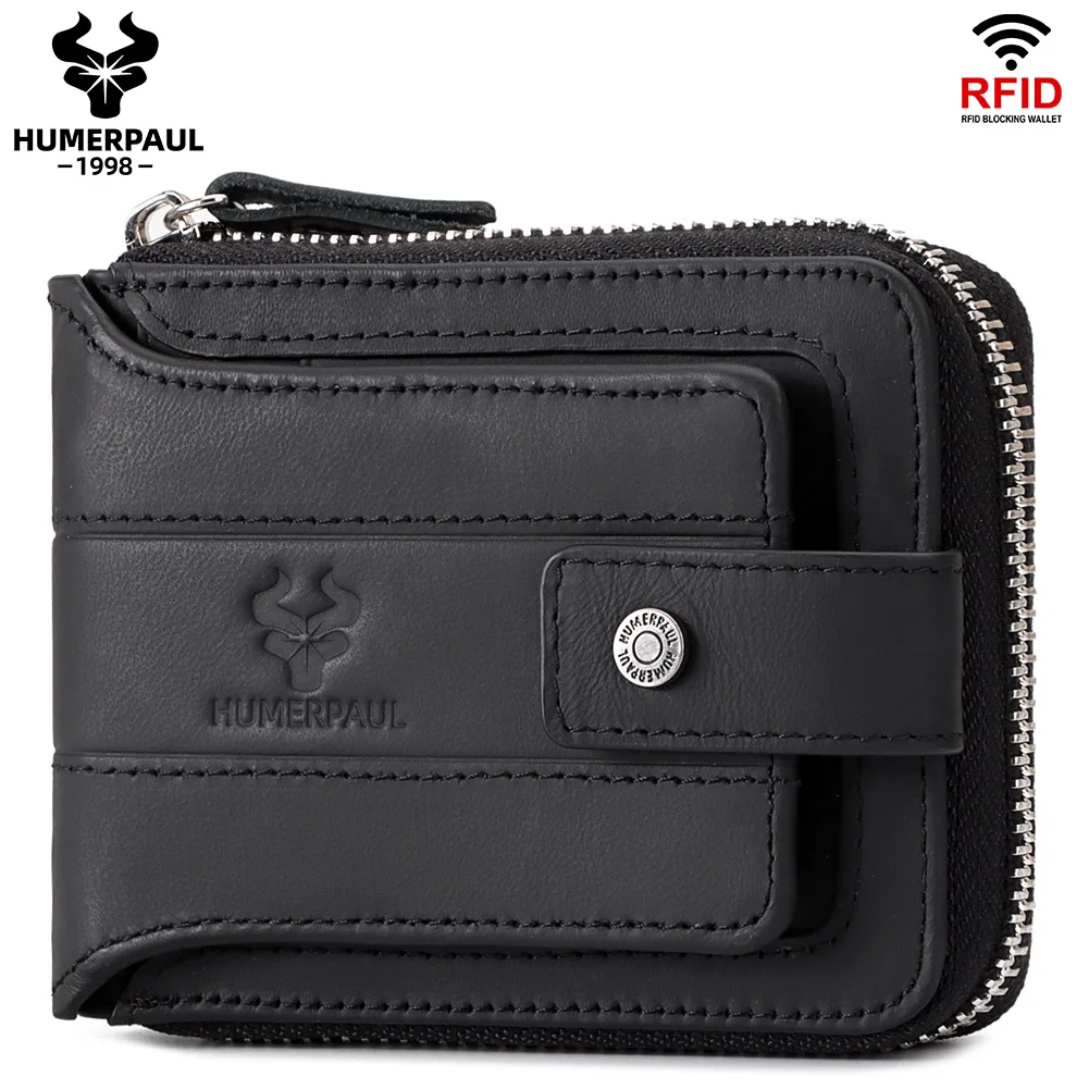 KAVIS 100% Genuine Leather Mens Wallet With Chain Bifold Double Zipper Coin Pocket With RFID Blocking Credit Card Holder Purse