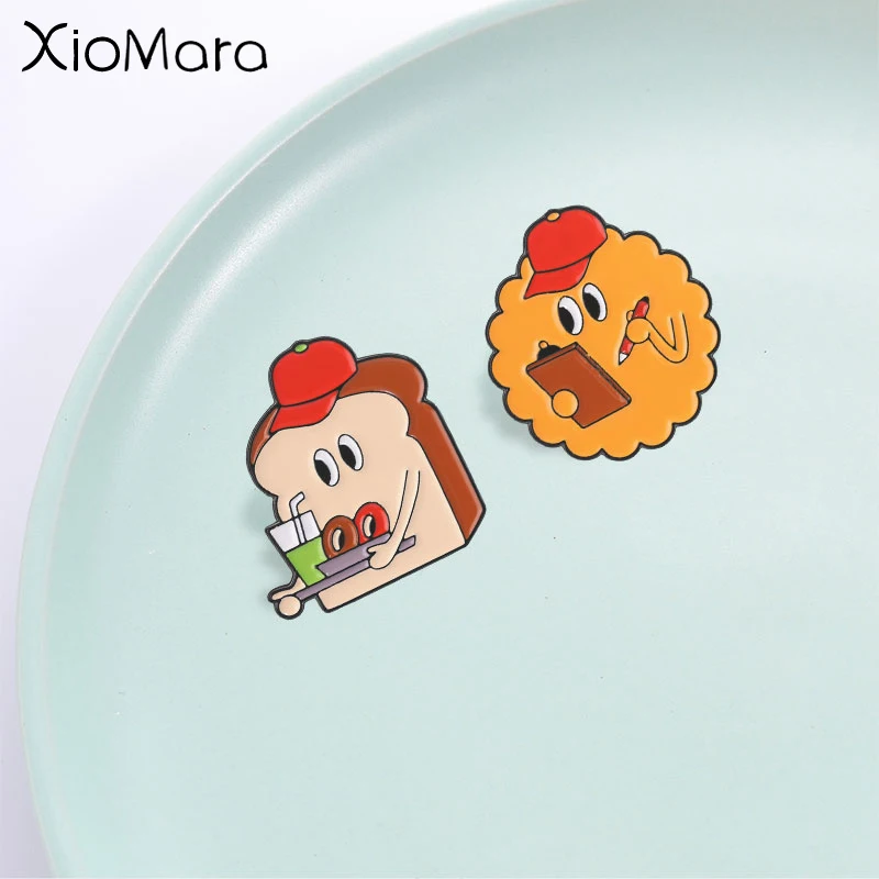Cute Cartoon Food Worker Badge, Funny Toast and Cookie Character Enamel Pin, Fashion Accessory, Gift for Food Lovers