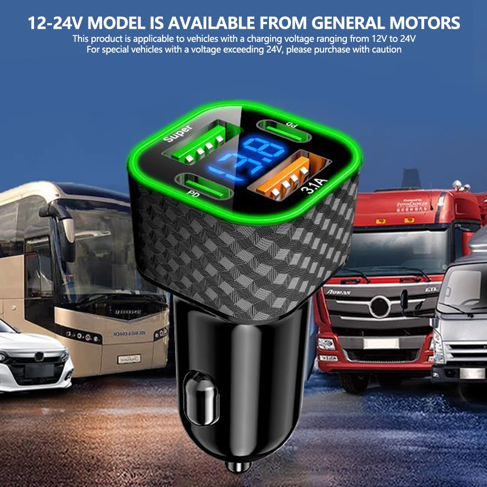 New 380W USB C Car Phone Charger Dual PD 4 in 1 with Voltage Display Super Fast Charge Adapter for IPhone Oppo Vivo Samsung