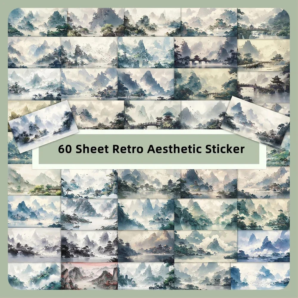 60Sheet Retro Chinese Ink Painting Stationery Sticker Asethetic Natural Landscape Scrapbook Sticker DIY Decor Luggage Sticker