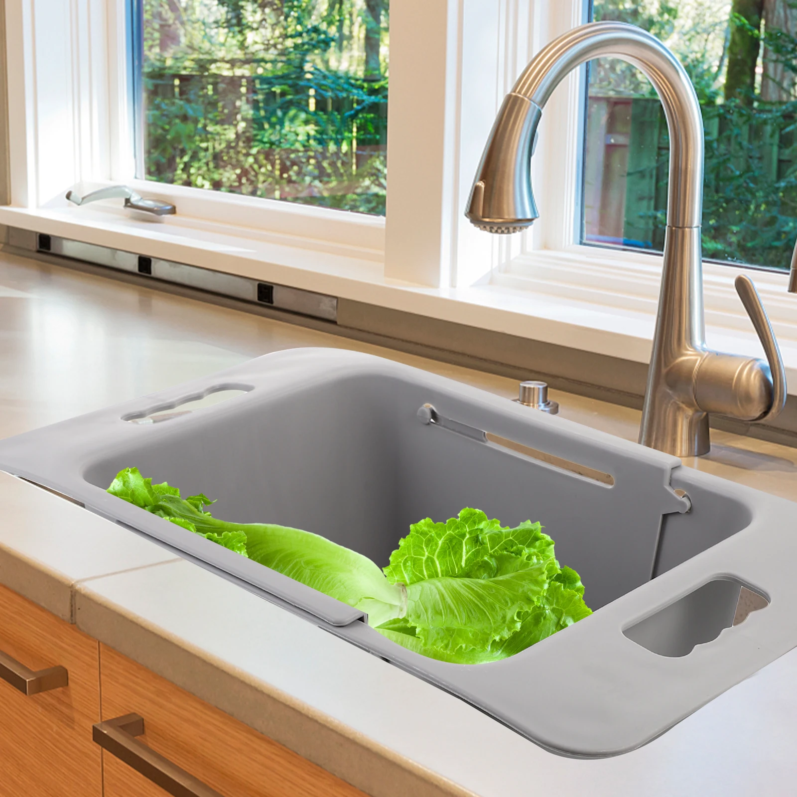 

Adjustable Sink Drainer Basket Vegetable Fruit Washing Strainer Nordic Grey Easy Clean Multi Functional Storage Rack