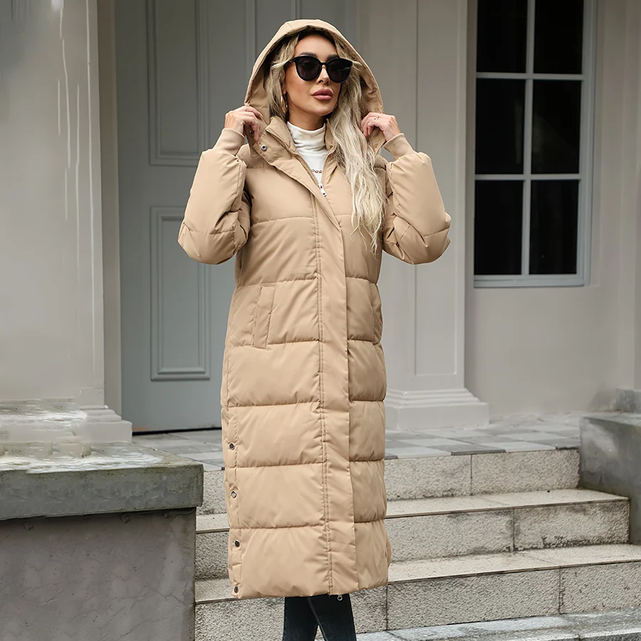 

Autumn Winter Women'S Elegant Long Coat - Hooded Long Sleeves Outerwear With Full-Zip And Pockets Regular Fit Casual Jacket