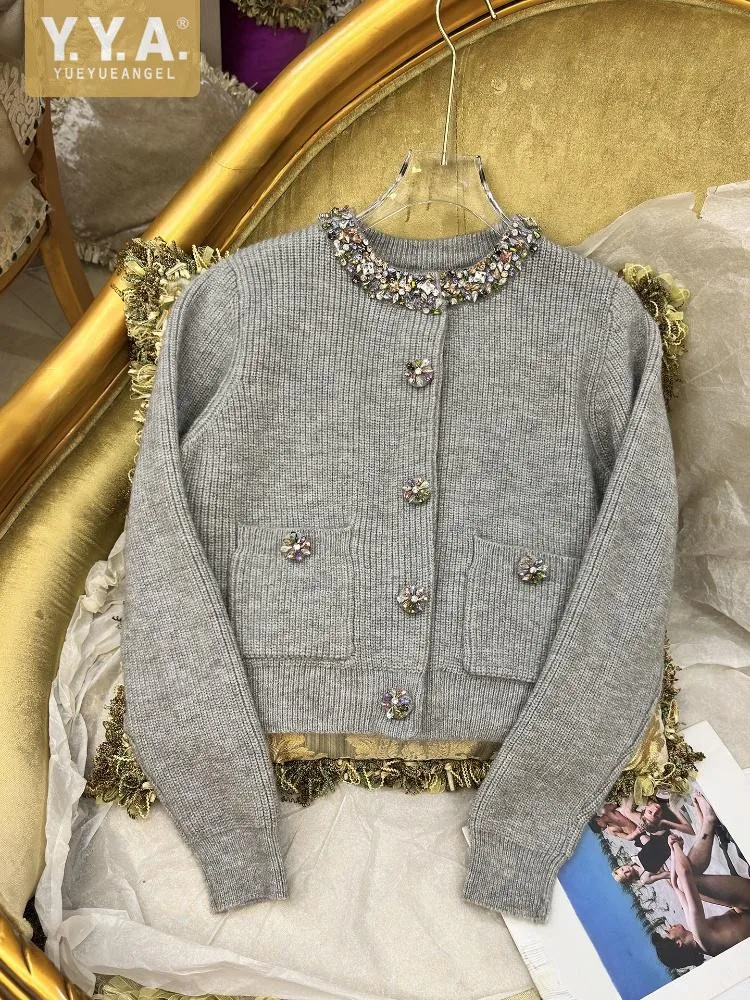 

Осень-зима, женский модный тонкий однобортный вязаный кардиган, короткая куртка с бриллиантами и круглым вырезом, повседневный женский свитер с длинным рукавом