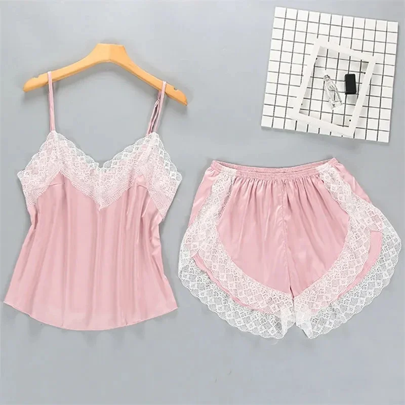 1611-7Sexy Silk Multicolor Optional Lace Silk Suspender Shorts Two Piece Suit Homewear Women