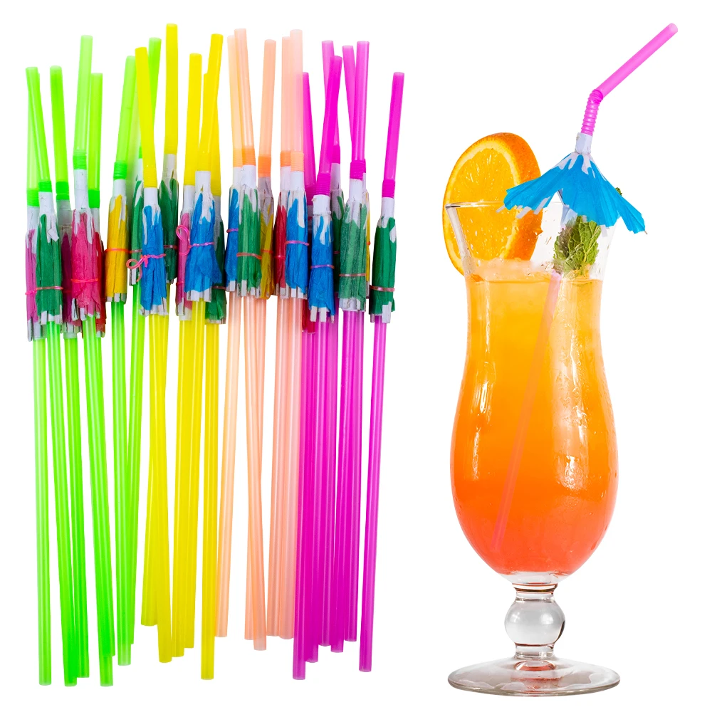 50 Uds. Pajitas de cóctel con temática hawaiana, bebidas para fiestas en la piscina en la playa y decoraciones de jugo, pajitas de paraguas de flores de hibisco