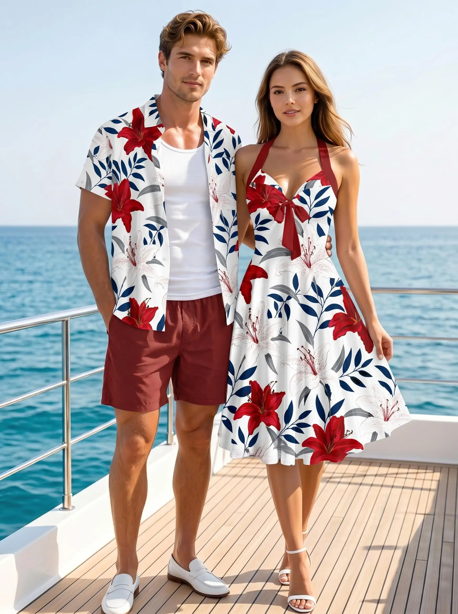 

Lily Flowers Print Matching Hawaii Beach Outfit For Couples, Men Buttons Pocket Shirt Or Women Crisscross Straps Bowknot Dresses