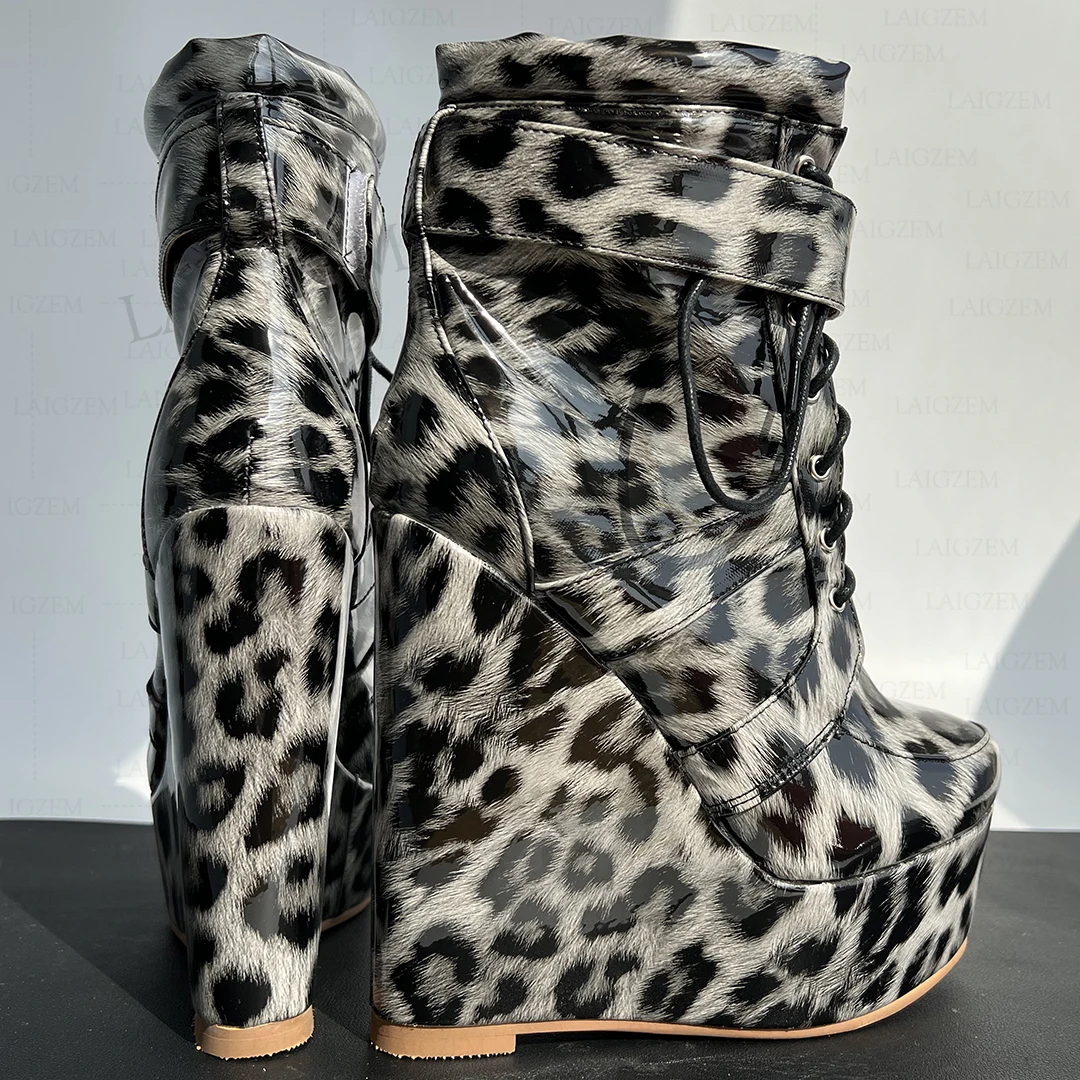 LAIGZEM Women Ankle Boots Platform Wedges Leopard Lace Up Short Booties Ladies Height Increase Shoes Woman Big Size 41 44 46 52