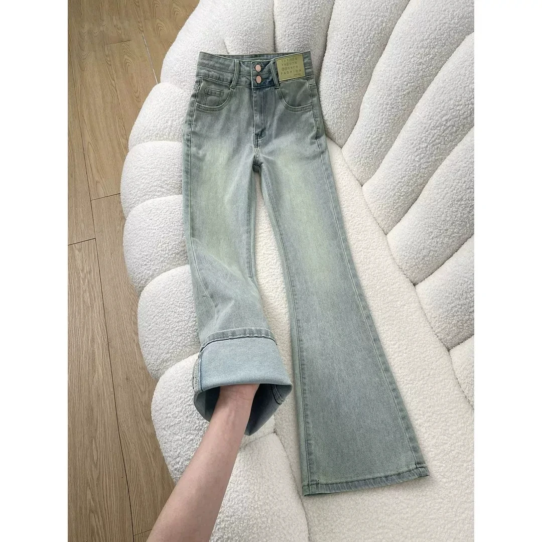 Light Blue Double Buckle Bell Bottom Jeans Women's High Waist Stretch Slimming Versatile Cotton Denim High Rise Flared Pants