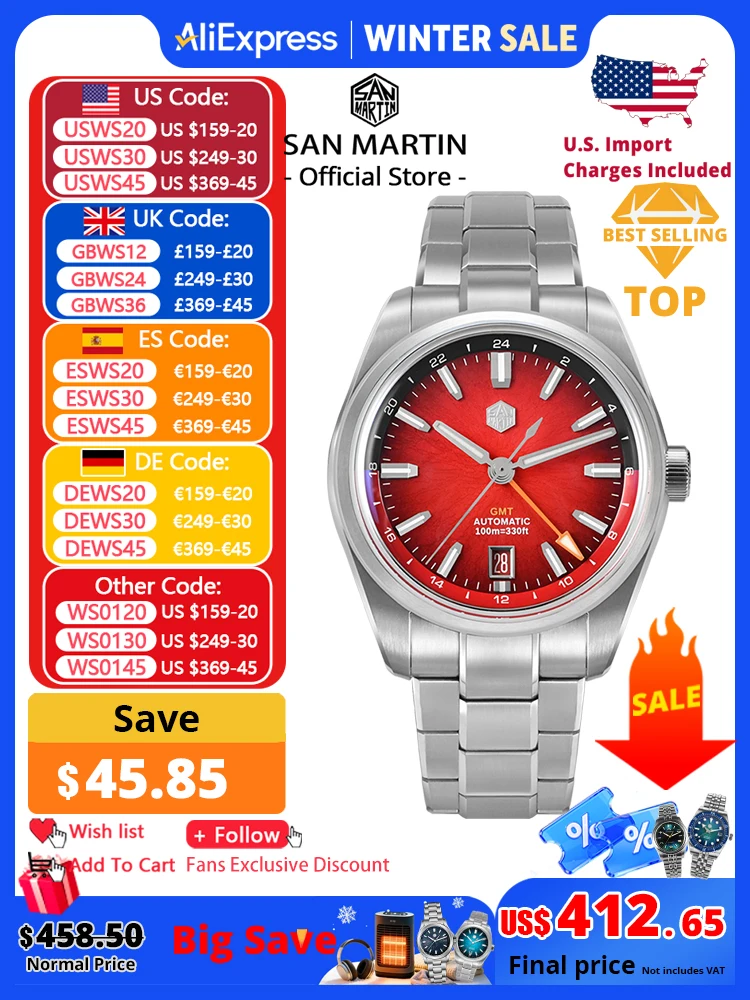 

San Martin New 39mm Enamel JianZhan GMT Miyota 9075 Watch Luxury Gada Men Automatic Mechanical Dress Watch Chinese Style SN0144