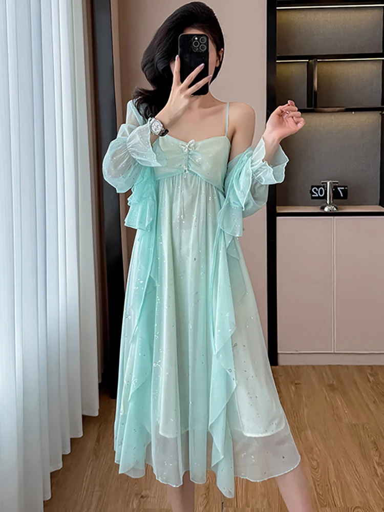 2025 Green Sequins Chic Ruffled Sling Long Dress+Long Sleeve Blouses Two Piece Sets Women Summer Elegant Casual Holiday Dresses
