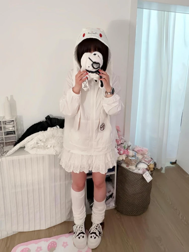 Kawaii Japanese Softgirl Bunny Ear Hooded Long Sleeve Sun Protection Jacket Women Embroidered Badge Loose Fit Thin Summer Daily - view 4