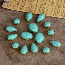 PEESOM  50PCS Round/Drop/Oval Turquoise Color Sew On  Rhinestone With Gold Claw Acrylic Crack Stone for DIY Sewing Accessories