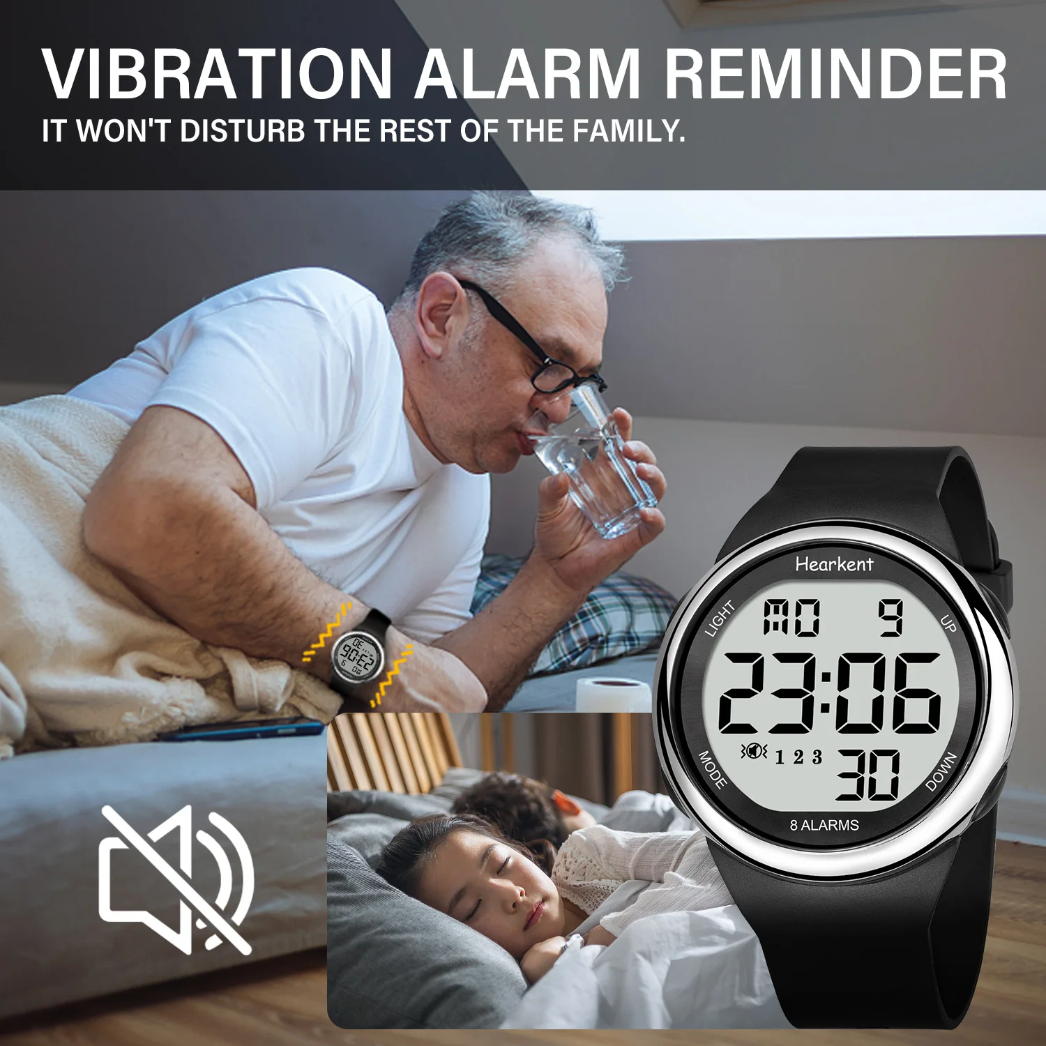 Hearkent Unisex 8 Vibrating Alarms Watch Medication Pill Clock Reminder Big Number Watch Waterproof Digital Wristwatch for Deaf