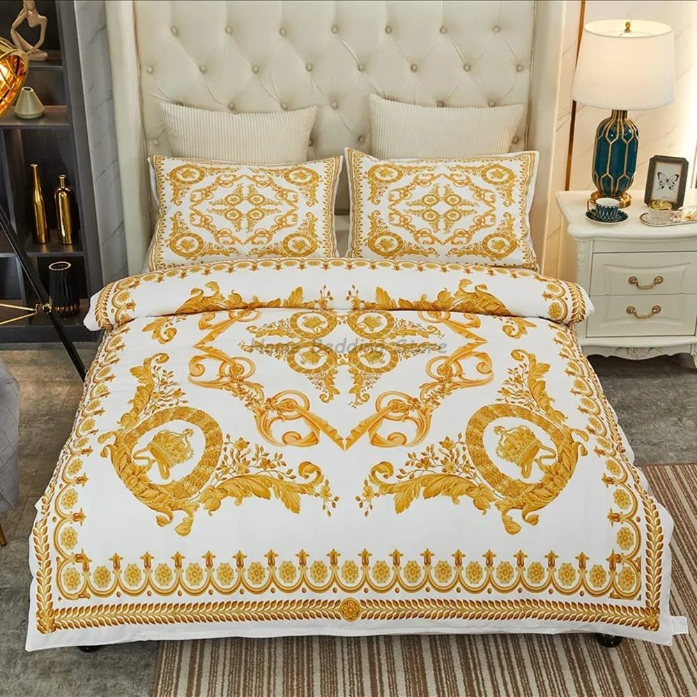 Luxury Golden Modern Style Digital Printing Cotton Fabric Bedding Set Duvet Cover Linen Fitted Sheet Pillowcases Home Textile