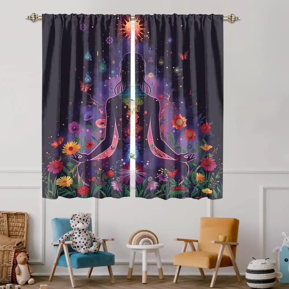 Abstract Indian Mandala Yoga Blackout Curtains for Bedroom Modern Boho Colourful Floral Butterfly Heat Insulating Blackout