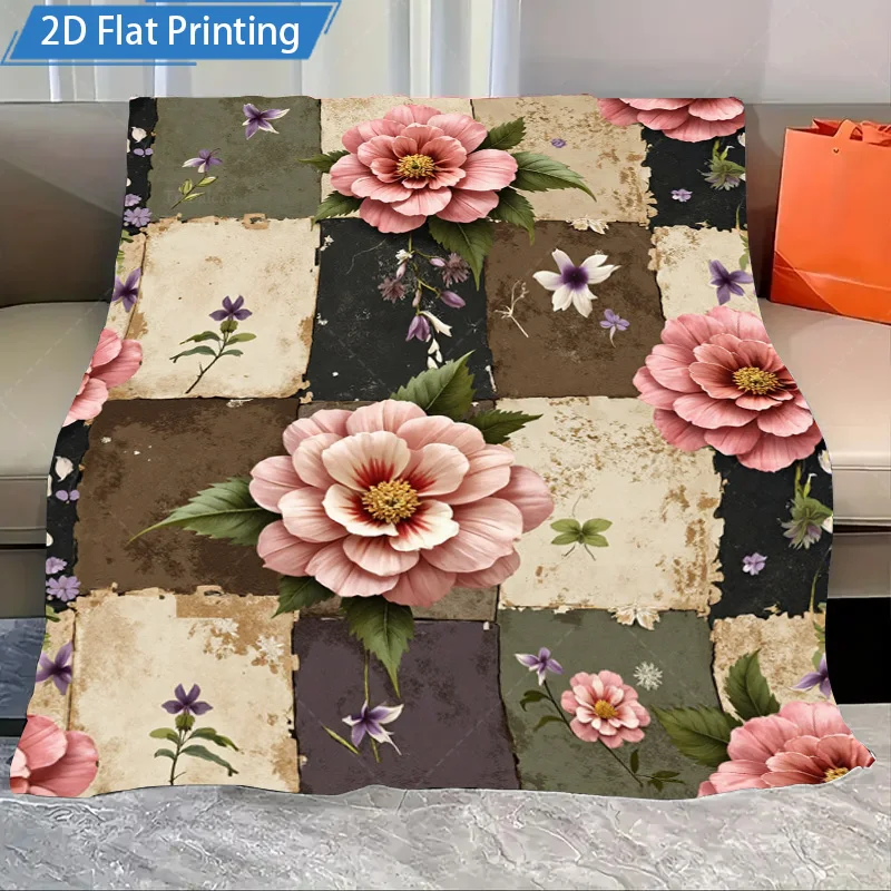 

1 шт. фланелевое одеяло винтажное лоскутное одеяло с цветочным принтом мягкое уютное одеяло для декора гостиной кровати 2D плоский дизайн с принтом