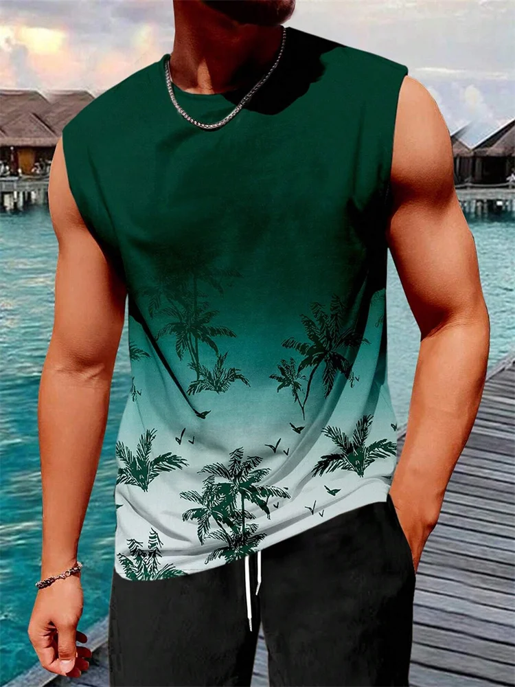 Stylish Men\'s Vacation Hawaiian Vest Gradient Coconut Print Casual Yacht Party Vest Plus Size Mens Resort Breathable T-Shirt Top